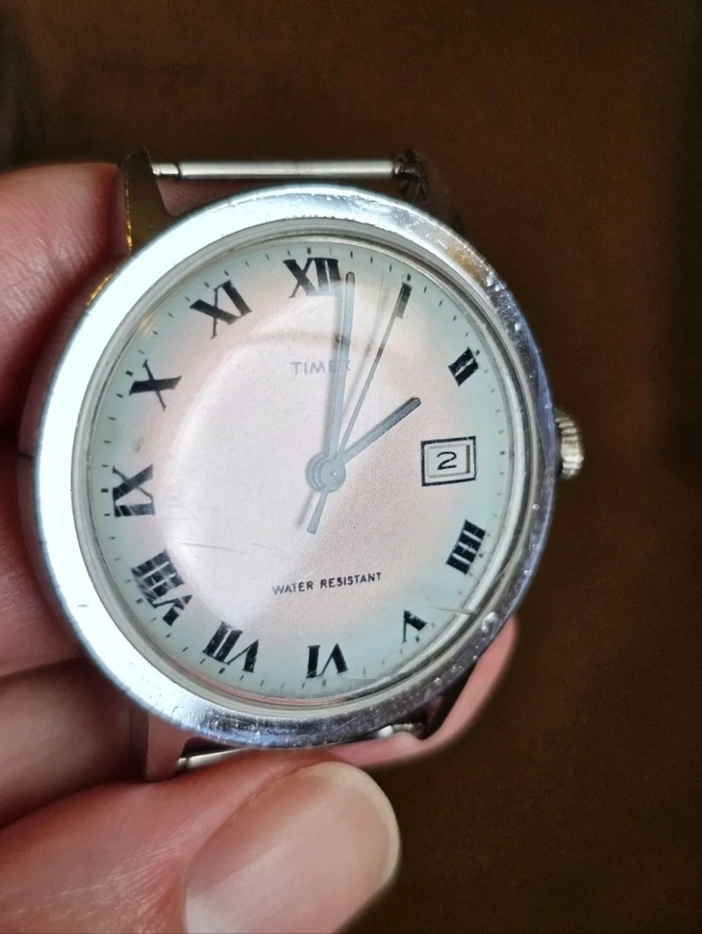 Vintage 73 Timex Marlin Watch Unique Iridescent White Dial Silver Case 34mm Date